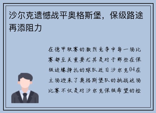 沙尔克遗憾战平奥格斯堡，保级路途再添阻力