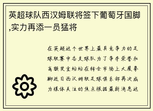 英超球队西汉姆联将签下葡萄牙国脚,实力再添一员猛将